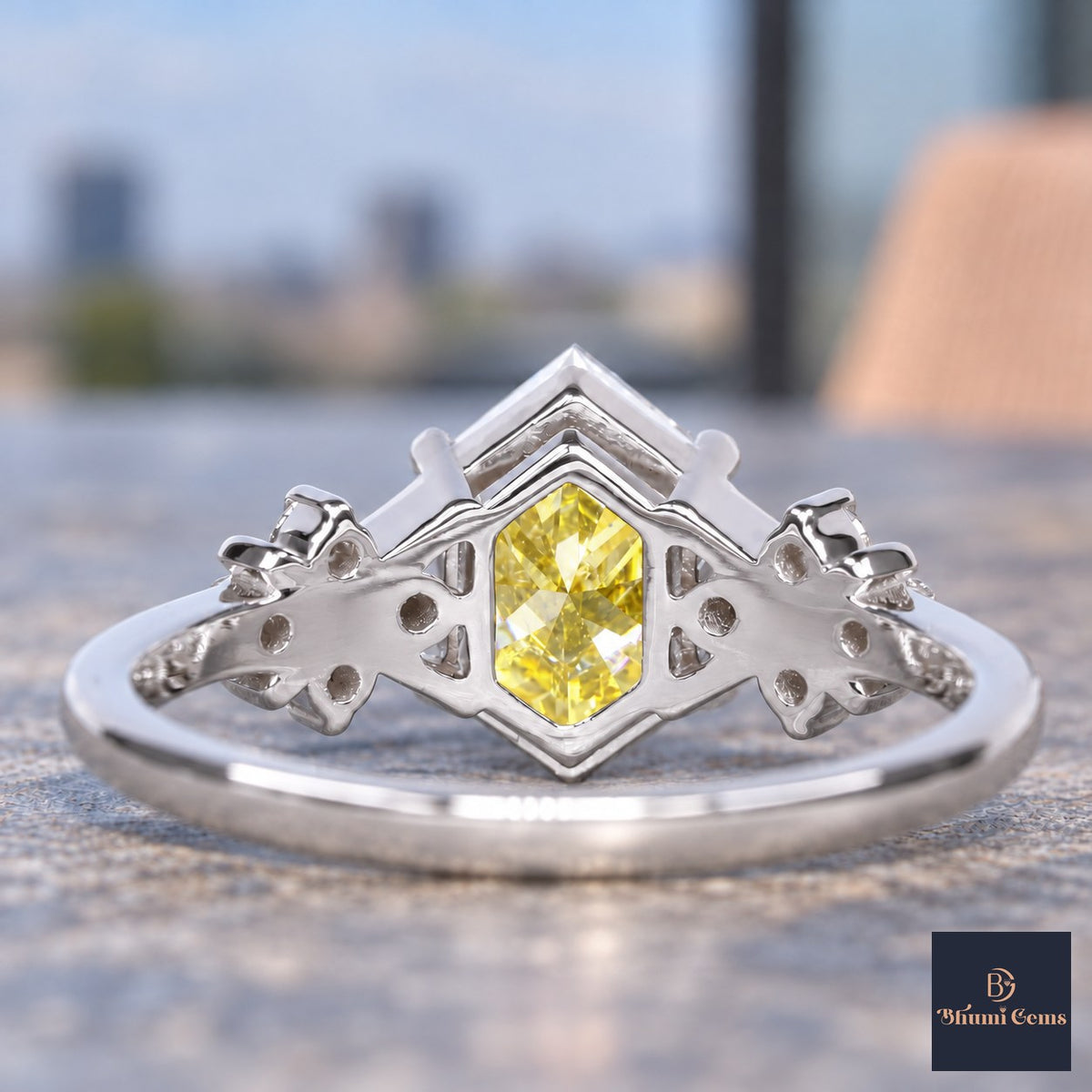 Yellow Hexagon Cut Lab Grown Diamond Engagement Ring - Cluster Shoulders in white gold, gallery view