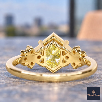 Yellow Hexagon Cut Lab Grown Diamond Engagement Ring - Cluster Shoulders in yellow gold, gallery view