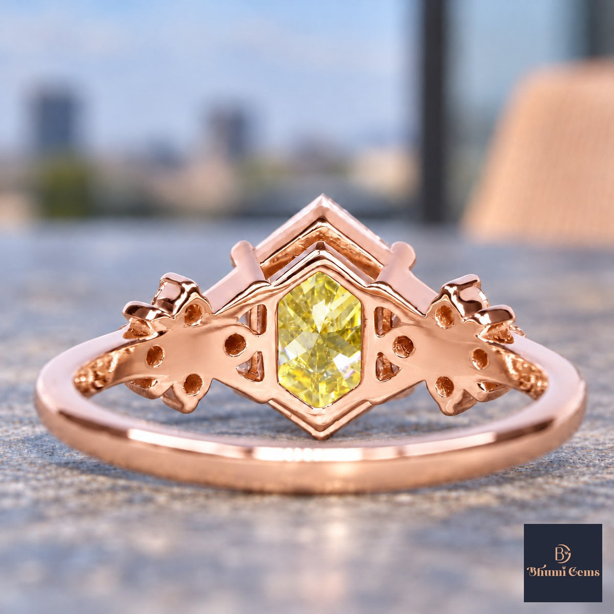 Yellow Hexagon Cut Lab Grown Diamond Engagement Ring - Cluster Shoulders in rose gold, gallery view