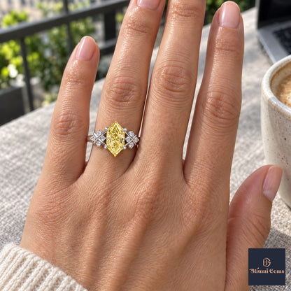 Yellow Hexagon Cut Lab Grown Diamond Engagement Ring - Cluster Shoulders in white gold, on the hand