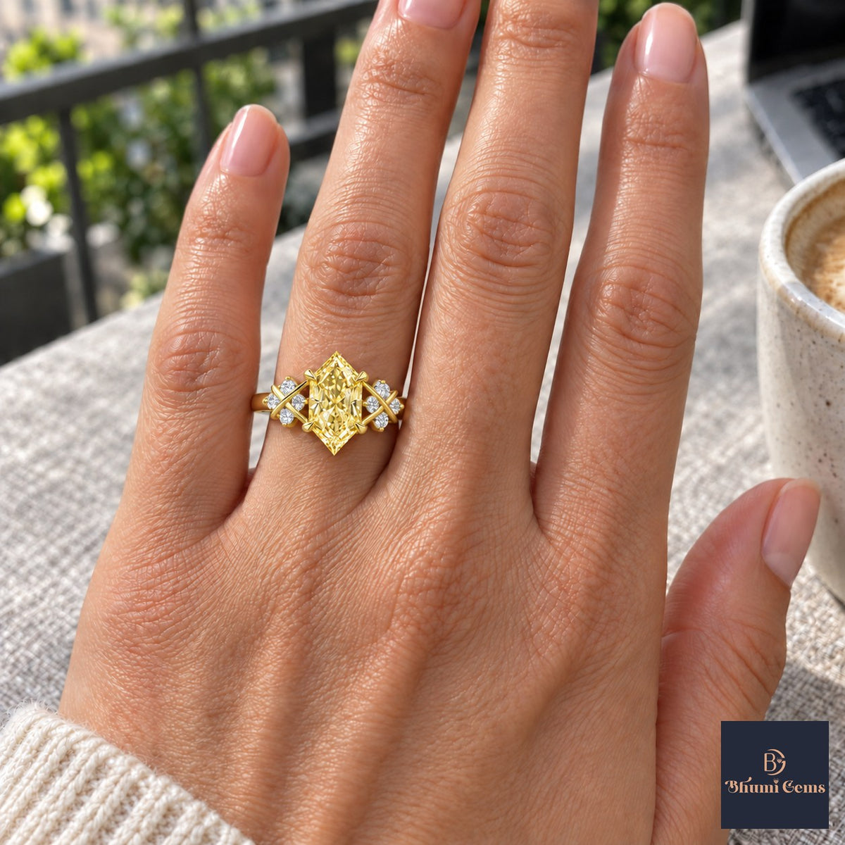 Yellow Hexagon Cut Lab Grown Diamond Engagement Ring - Cluster Shoulders in yellow gold, on the hand