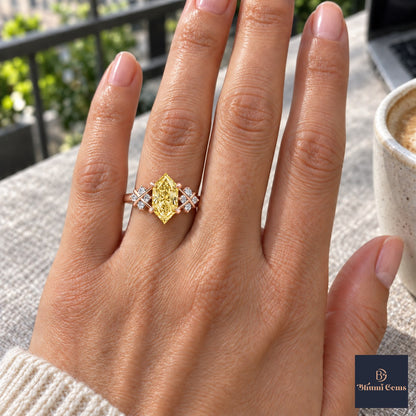 Yellow Hexagon Cut Lab Grown Diamond Engagement Ring - Cluster Shoulders in rose gold, on the hand
