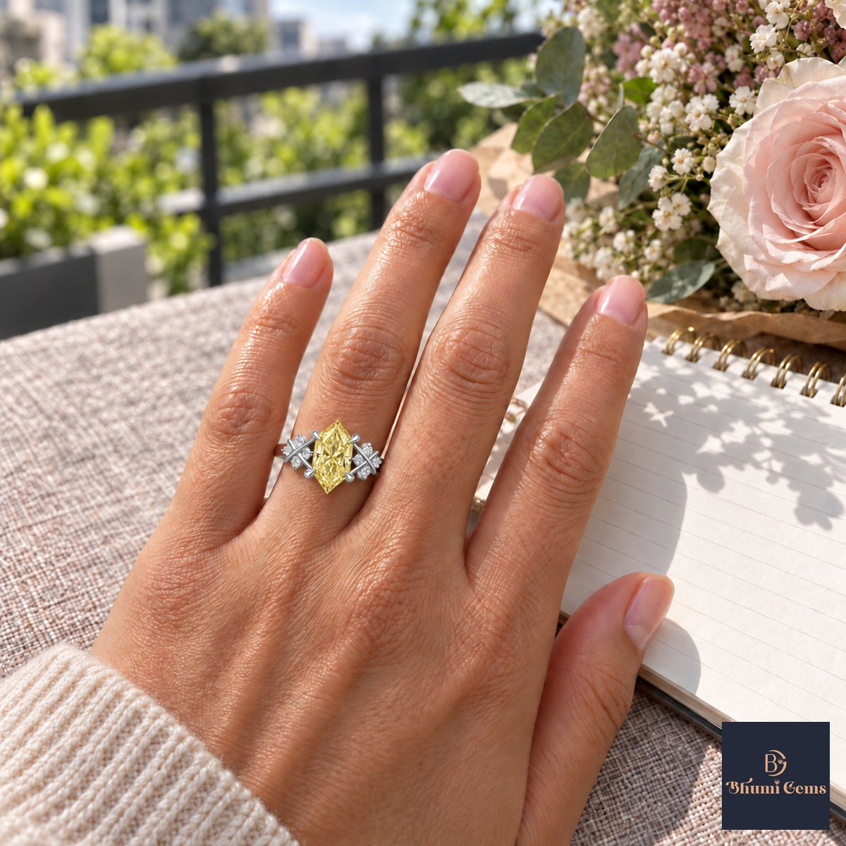 Yellow Hexagon Cut Lab Grown Diamond Engagement Ring - Cluster Shoulders in white gold, worn on the hand