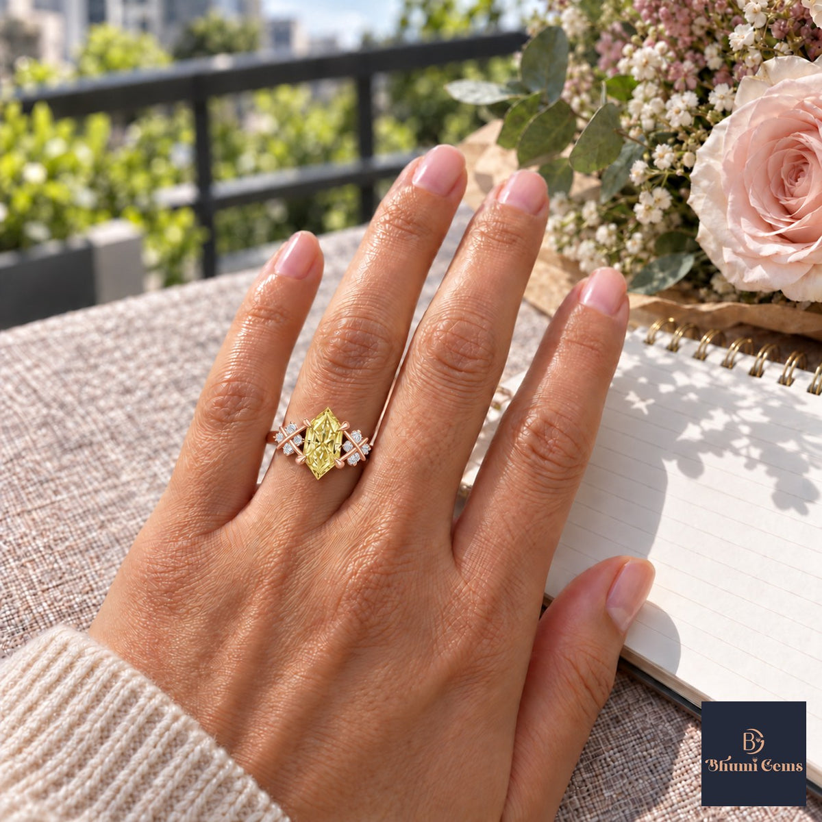 Yellow Hexagon Cut Lab Grown Diamond Engagement Ring - Cluster Shoulders in rose gold, worn on the hand