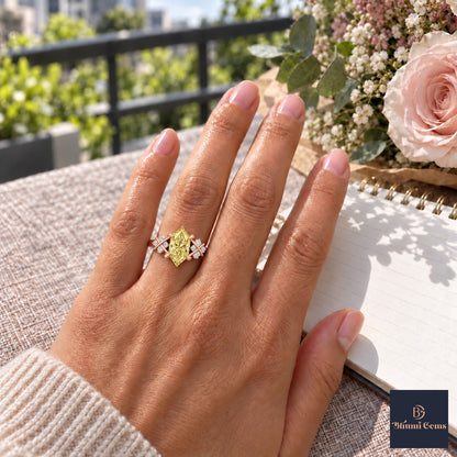 Yellow Hexagon Cut Lab Grown Diamond Engagement Ring - Cluster Shoulders in rose gold, worn on the hand