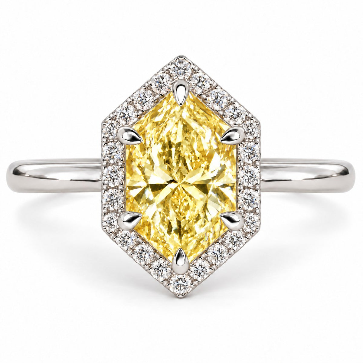 Yellow Hexagon Cut Lab Grown Diamond Engagement Ring - Halo in white gold, front view