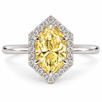 Yellow Hexagon Cut Lab Grown Diamond Engagement Ring - Halo in white gold, front view