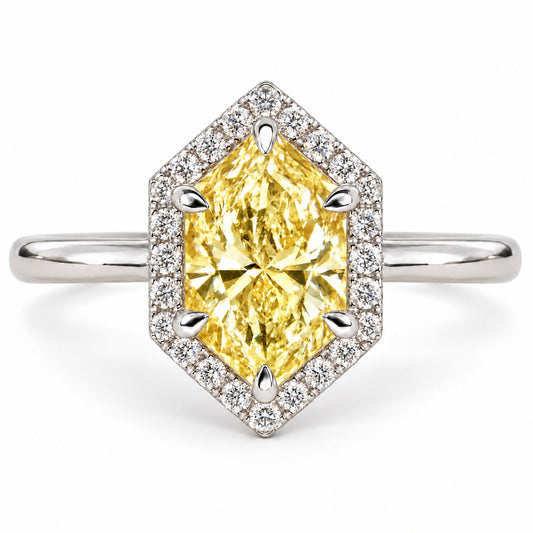 Yellow Hexagon Cut Lab Grown Diamond Engagement Ring - Halo in white gold, front view