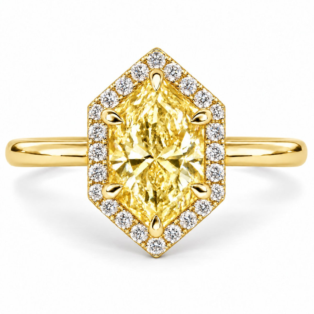 Yellow Hexagon Cut Lab Grown Diamond Engagement Ring - Halo in yellow gold, front view