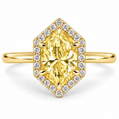 Yellow Hexagon Cut Lab Grown Diamond Engagement Ring - Halo in yellow gold, front view