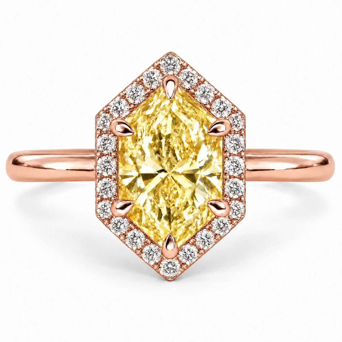 Yellow Hexagon Cut Lab Grown Diamond Engagement Ring - Halo in rose gold, front view