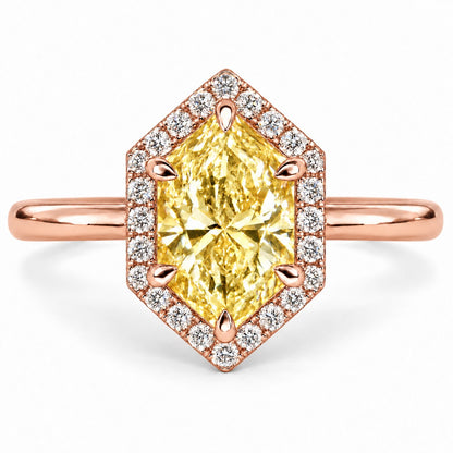 Yellow Hexagon Cut Lab Grown Diamond Engagement Ring - Halo in rose gold, front view