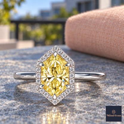 Yellow Hexagon Cut Lab Grown Diamond Engagement Ring - Halo in white gold, close-up