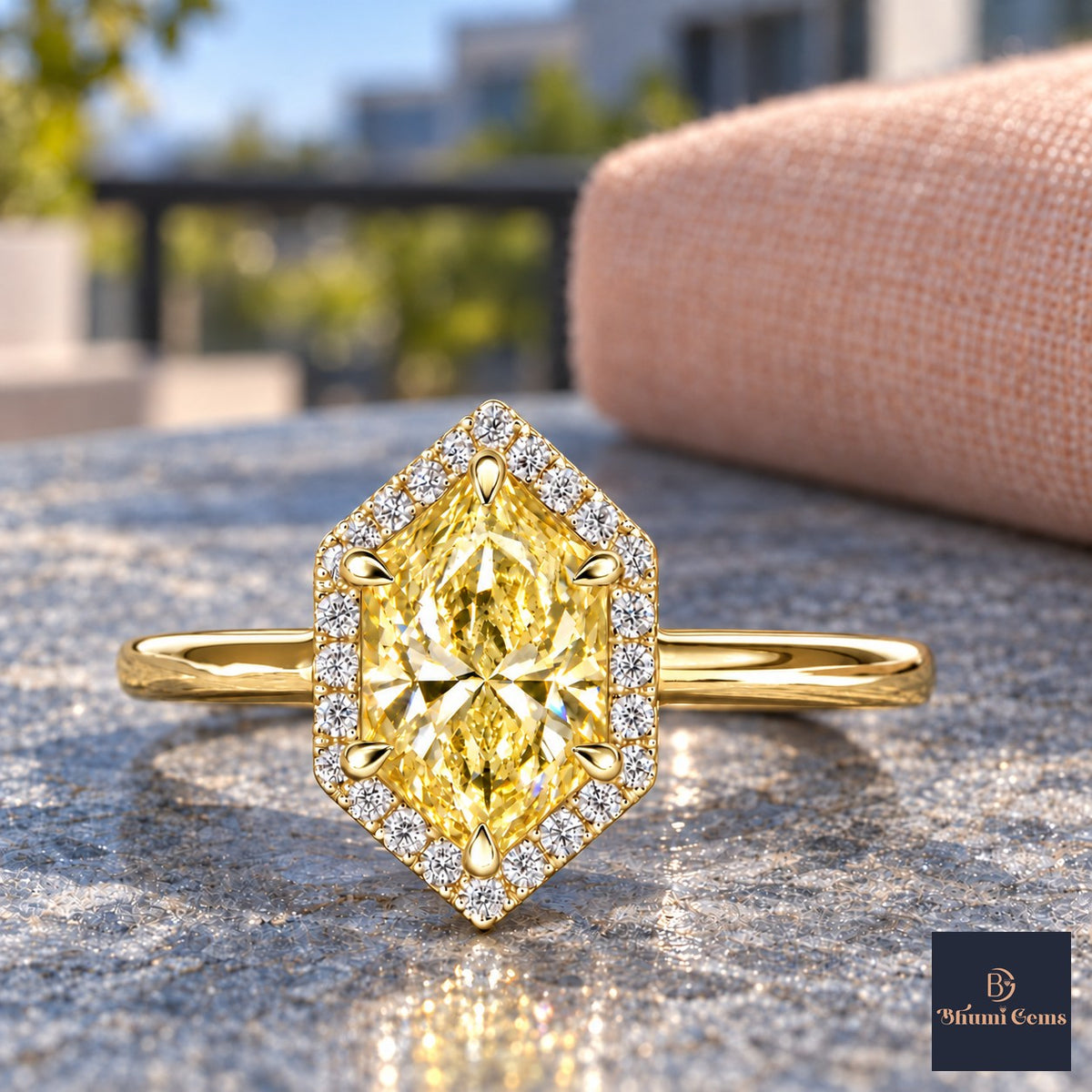 Yellow Hexagon Cut Lab Grown Diamond Engagement Ring - Halo in yellow gold, close-up