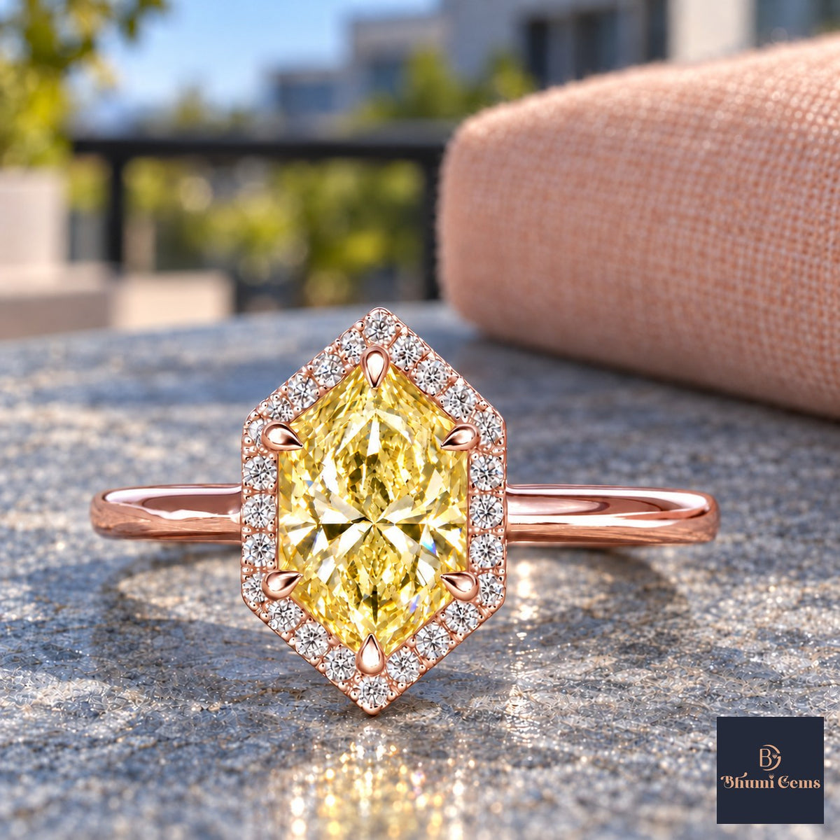 Yellow Hexagon Cut Lab Grown Diamond Engagement Ring - Halo in rose gold, close-up