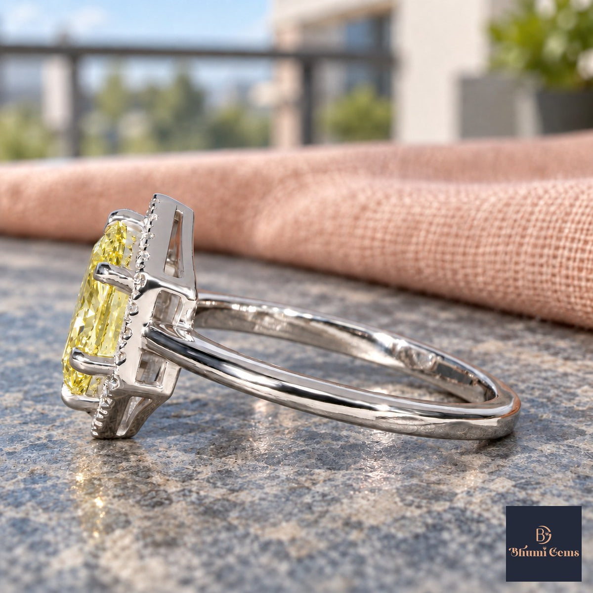 Yellow Hexagon Cut Lab Grown Diamond Engagement Ring - Halo in white gold, side view