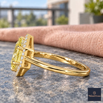 Yellow Hexagon Cut Lab Grown Diamond Engagement Ring - Halo in yellow gold, side view