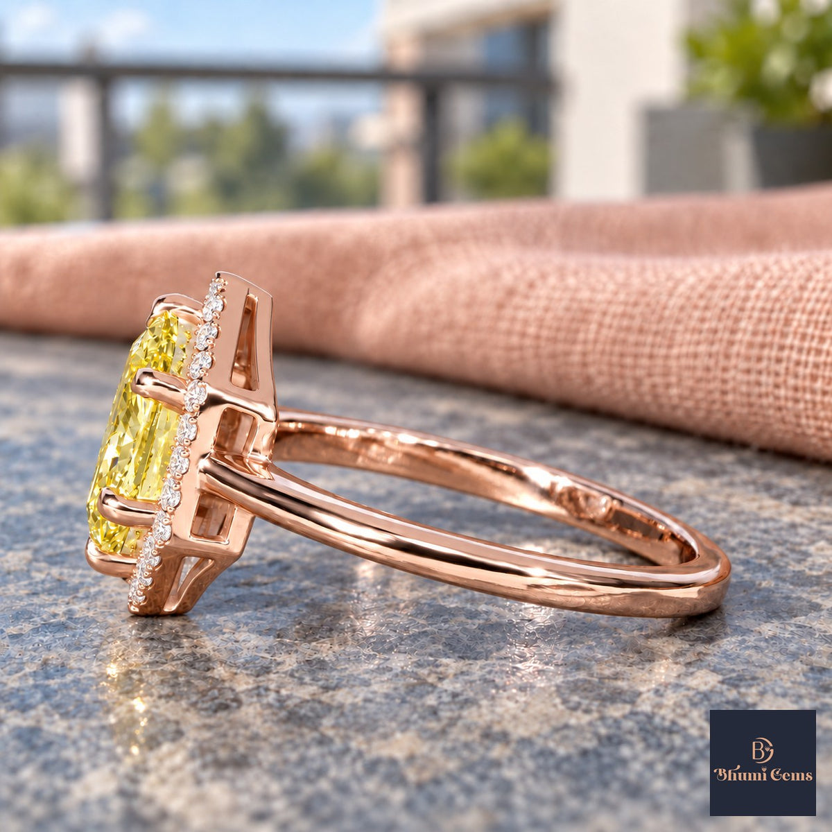 Yellow Hexagon Cut Lab Grown Diamond Engagement Ring - Halo in rose gold, side view