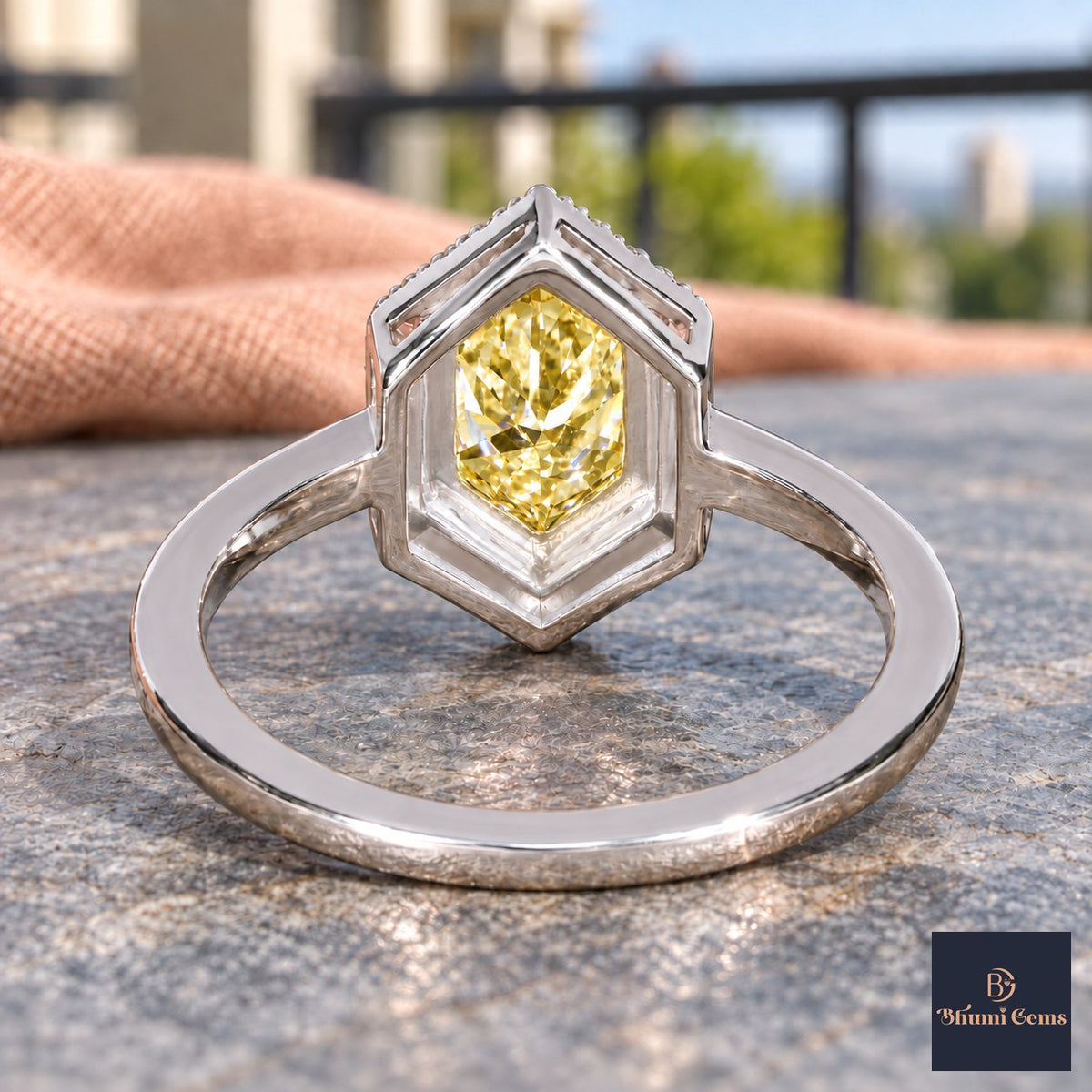 Yellow Hexagon Cut Lab Grown Diamond Engagement Ring - Halo in white gold, gallery view