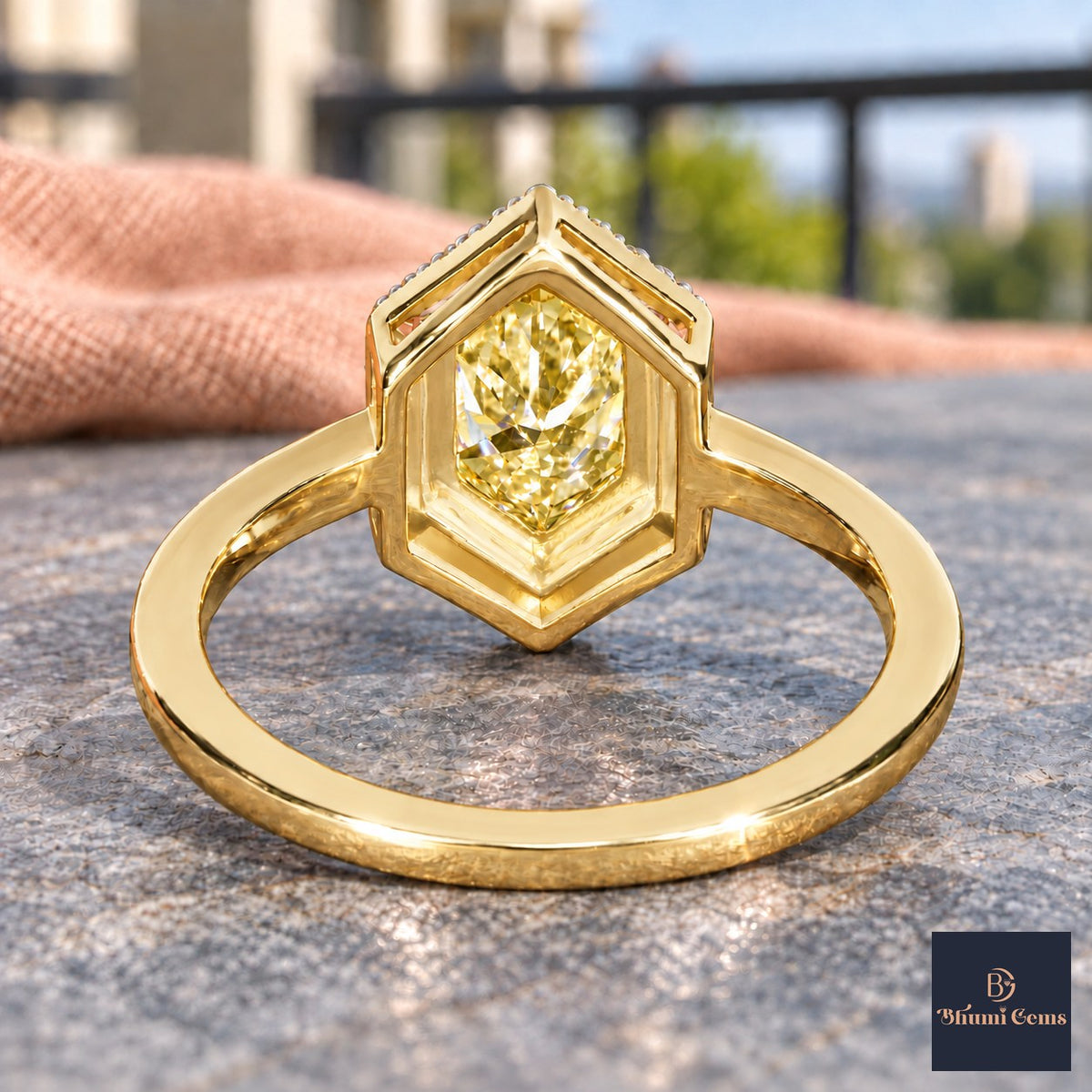Yellow Hexagon Cut Lab Grown Diamond Engagement Ring - Halo in yellow gold, gallery view