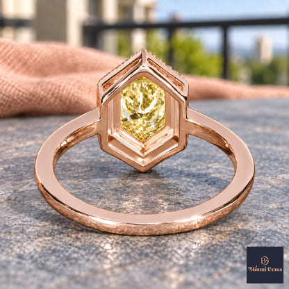 Yellow Hexagon Cut Lab Grown Diamond Engagement Ring - Halo in rose gold, gallery view
