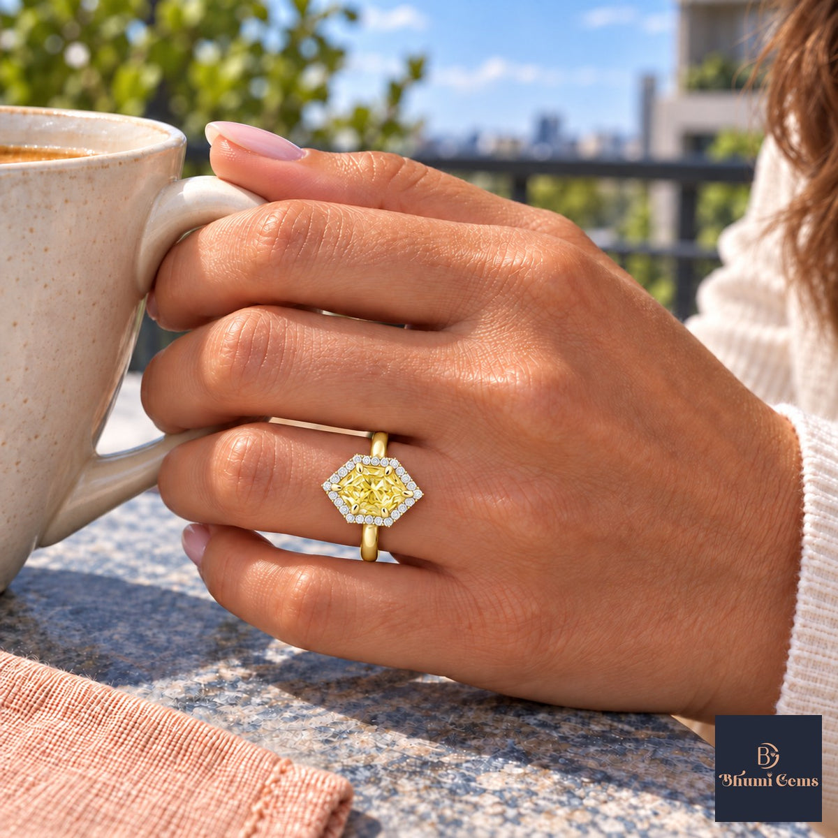 Yellow Hexagon Cut Lab Grown Diamond Engagement Ring - Halo in yellow gold, on the hand