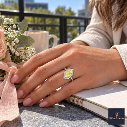 Yellow Hexagon Cut Lab Grown Diamond Engagement Ring - Halo in white gold, worn on the hand