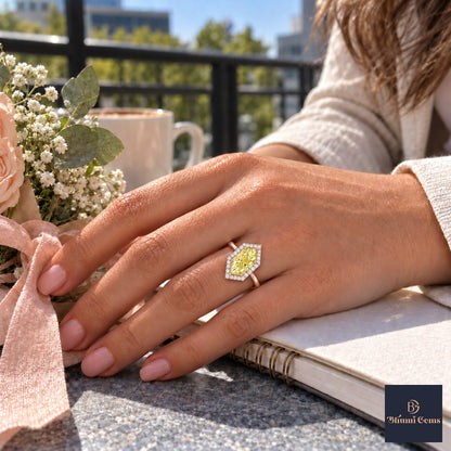 Yellow Hexagon Cut Lab Grown Diamond Engagement Ring - Halo in rose gold, worn on the hand