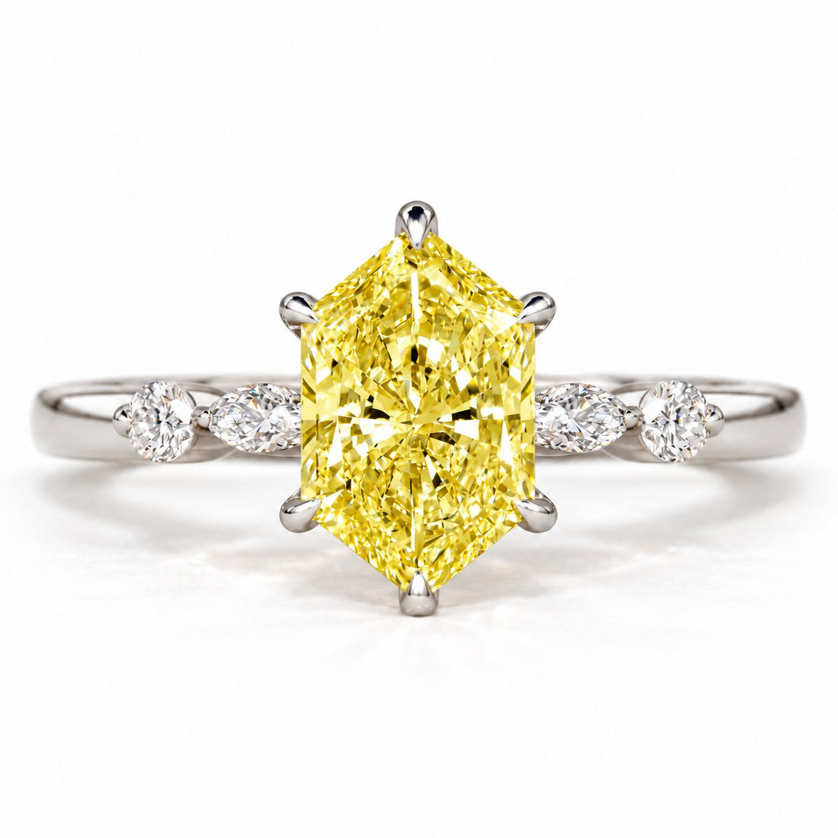 Yellow Hexagon Cut Lab Grown Diamond Engagement Ring - Marquise and Round Accents in white gold, front view