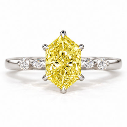 Yellow Hexagon Cut Lab Grown Diamond Engagement Ring - Marquise and Round Accents in white gold, front view