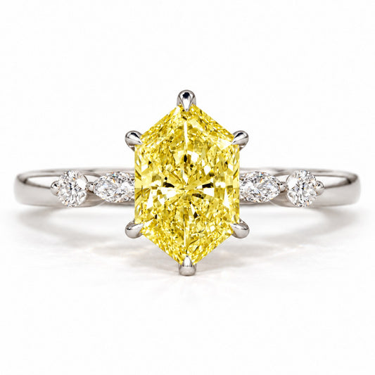 Yellow Hexagon Cut Lab Grown Diamond Engagement Ring - Marquise and Round Accents in white gold, front view