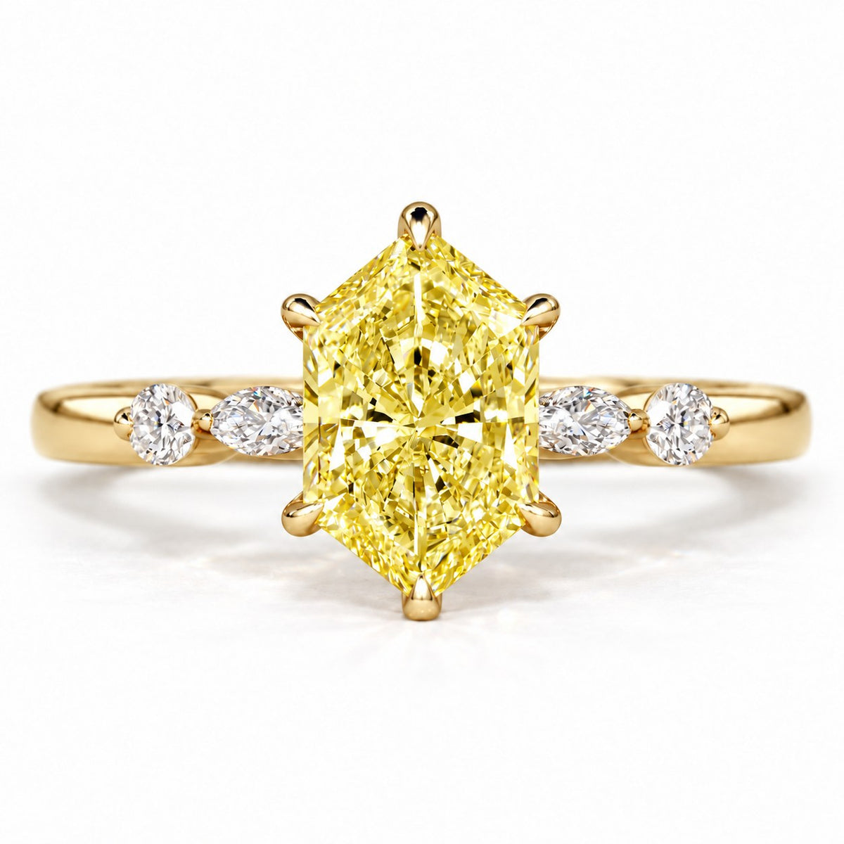 Yellow Hexagon Cut Lab Grown Diamond Engagement Ring - Marquise and Round Accents in yellow gold, front view
