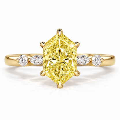 Yellow Hexagon Cut Lab Grown Diamond Engagement Ring - Marquise and Round Accents in yellow gold, front view