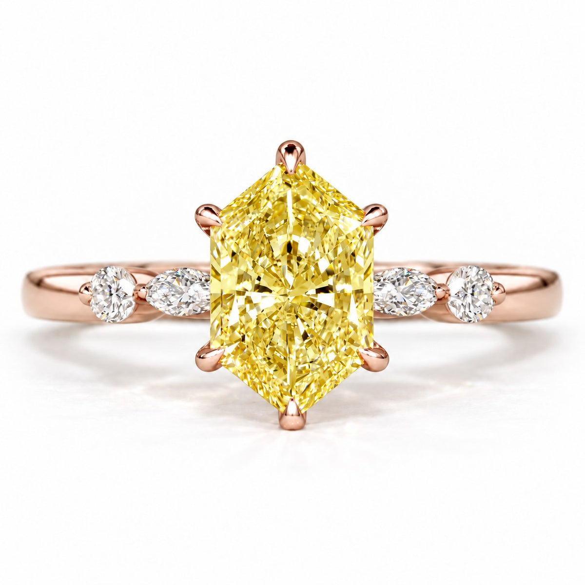 Yellow Hexagon Cut Lab Grown Diamond Engagement Ring - Marquise and Round Accents in rose gold, front view