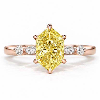 Yellow Hexagon Cut Lab Grown Diamond Engagement Ring - Marquise and Round Accents in rose gold, front view