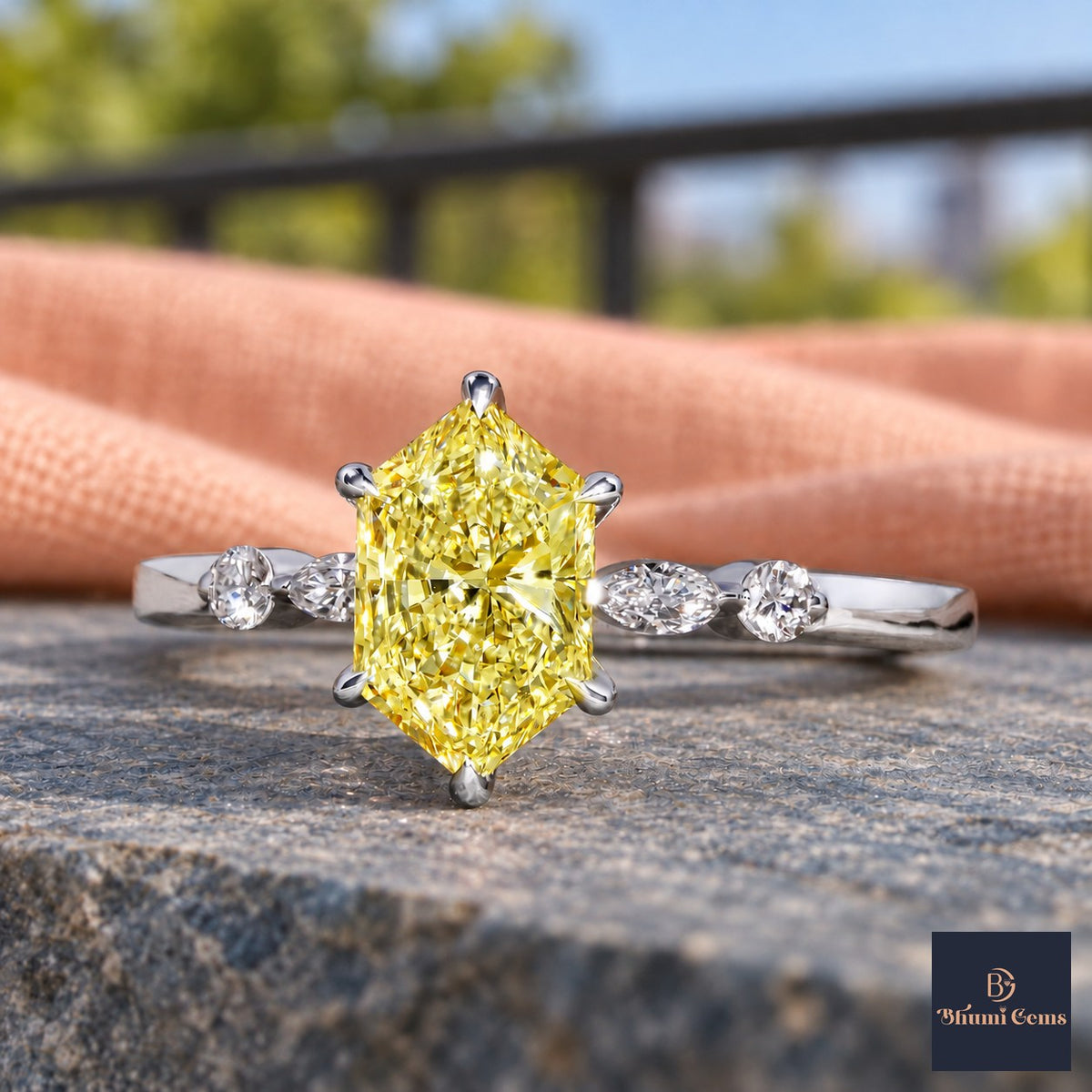 Yellow Hexagon Cut Lab Grown Diamond Engagement Ring - Marquise and Round Accents in white gold, close-up