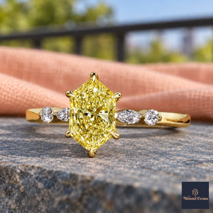 Yellow Hexagon Cut Lab Grown Diamond Engagement Ring - Marquise and Round Accents in yellow gold, close-up