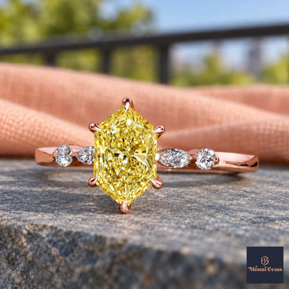 Yellow Hexagon Cut Lab Grown Diamond Engagement Ring - Marquise and Round Accents in rose gold, close-up