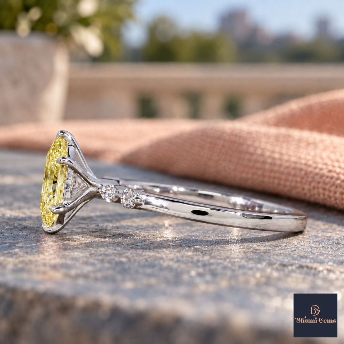 Yellow Hexagon Cut Lab Grown Diamond Engagement Ring - Marquise and Round Accents in white gold, side view