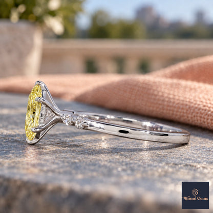 Yellow Hexagon Cut Lab Grown Diamond Engagement Ring - Marquise and Round Accents in white gold, side view