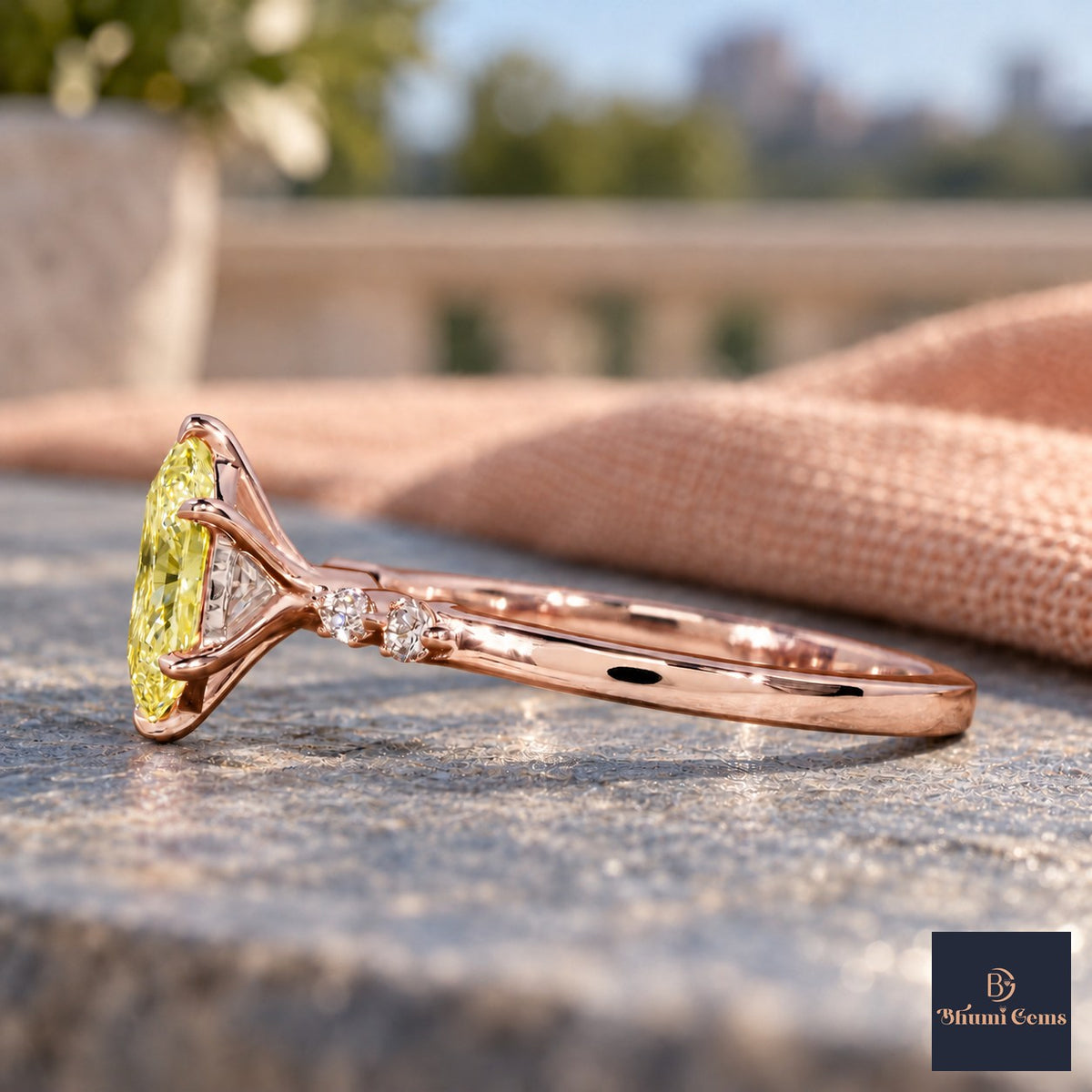 Yellow Hexagon Cut Lab Grown Diamond Engagement Ring - Marquise and Round Accents in rose gold, side view