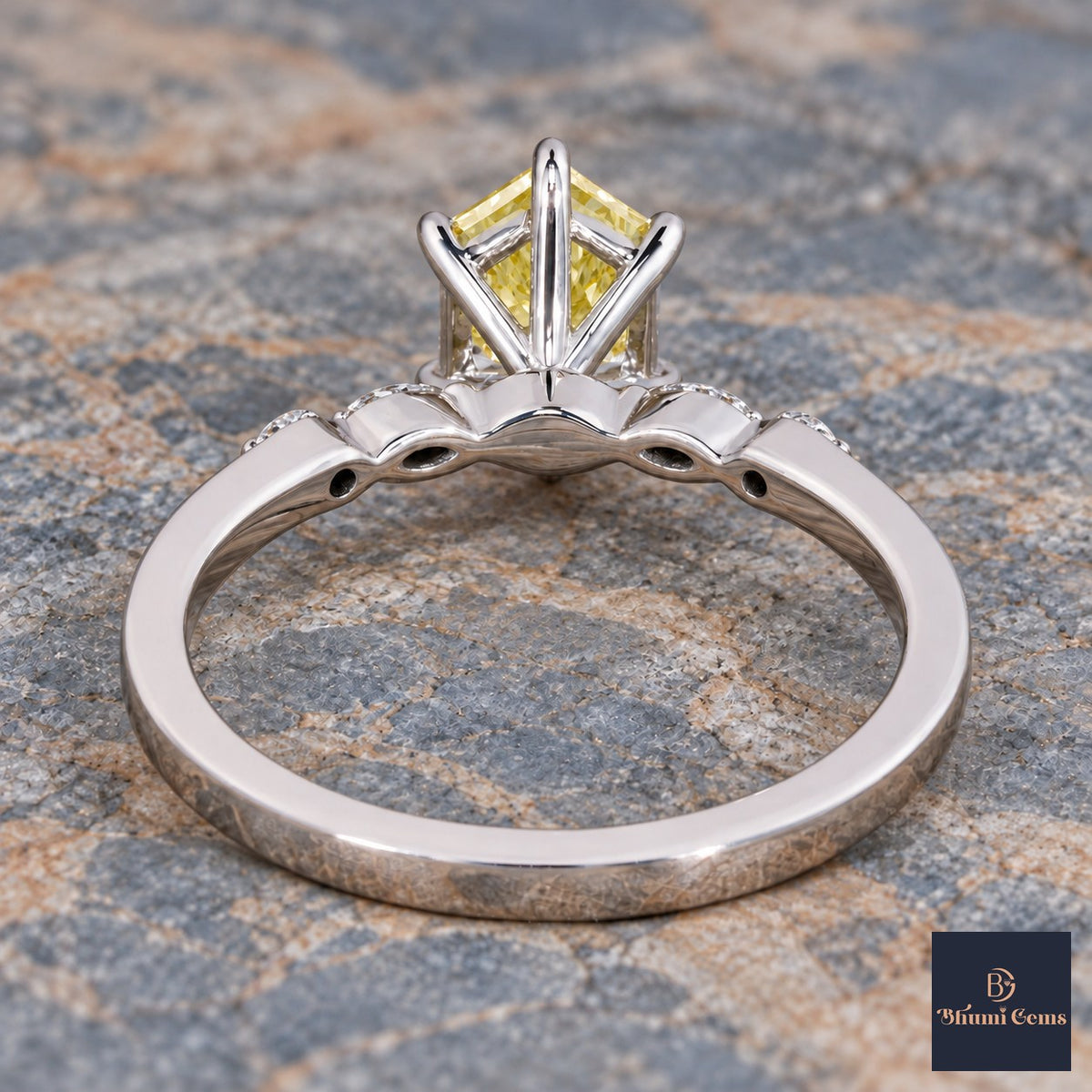 Yellow Hexagon Cut Lab Grown Diamond Engagement Ring - Marquise and Round Accents in white gold, gallery view