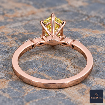 Yellow Hexagon Cut Lab Grown Diamond Engagement Ring - Marquise and Round Accents in rose gold, gallery view