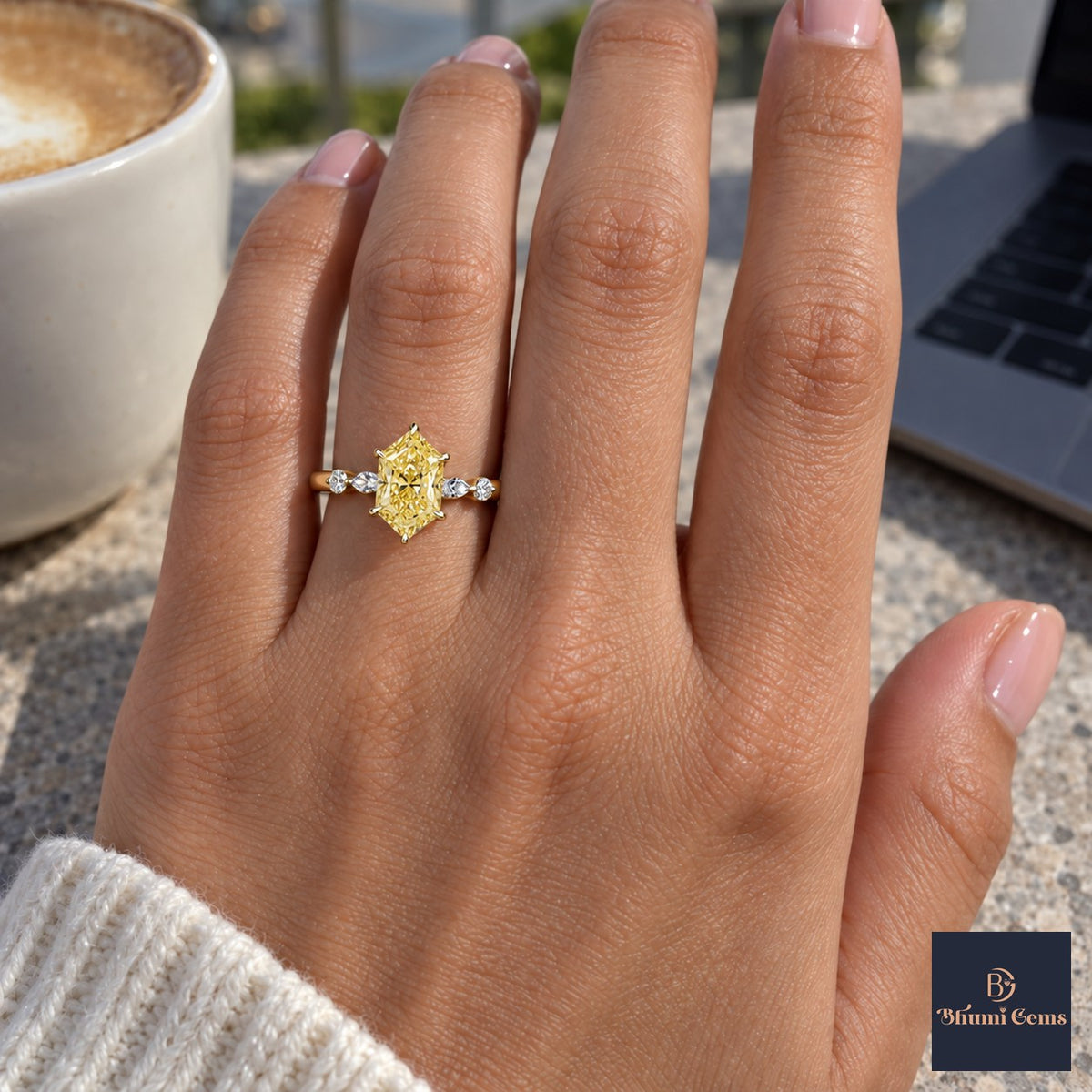 Yellow Hexagon Cut Lab Grown Diamond Engagement Ring - Marquise and Round Accents in yellow gold, on the hand