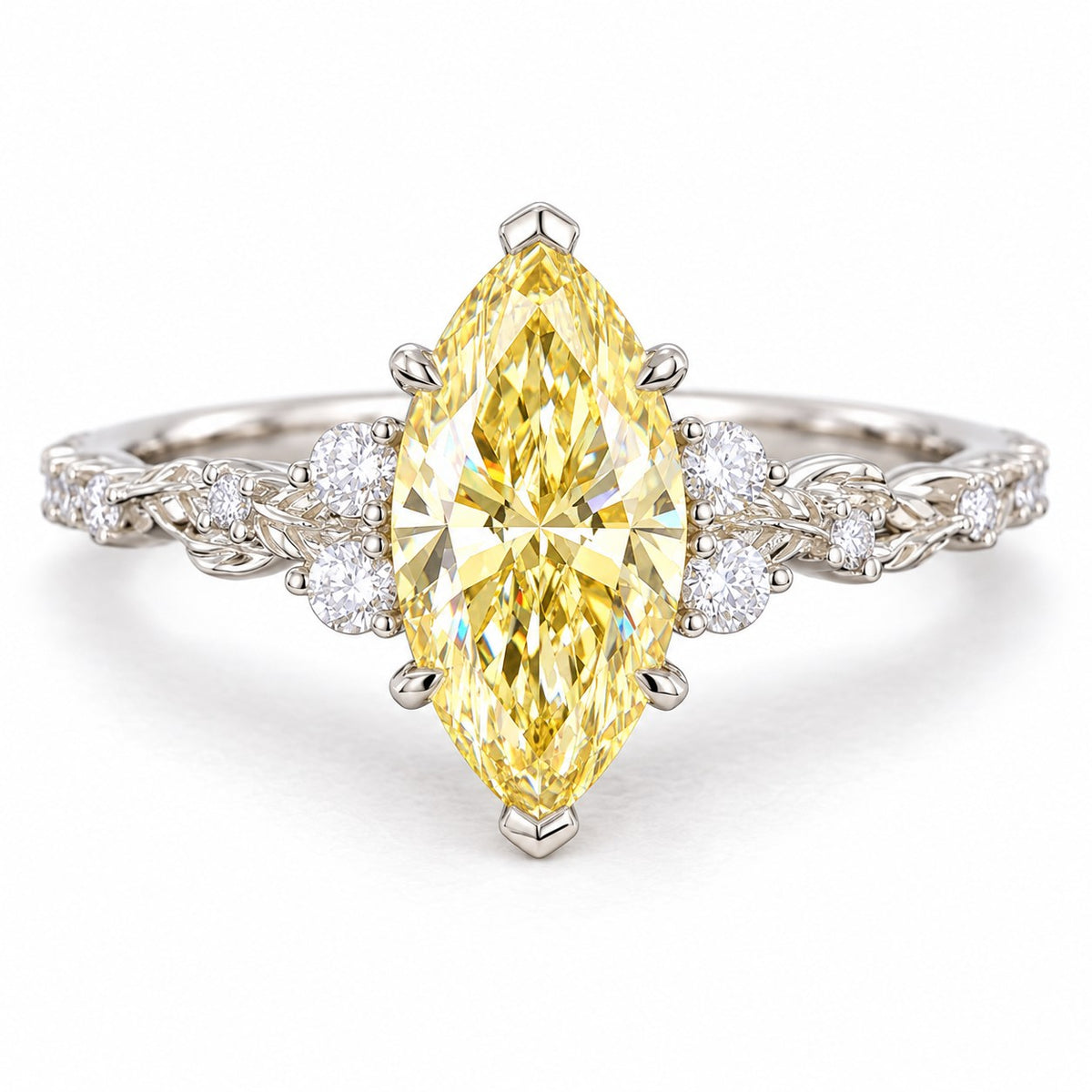 Yellow Marquise Cut Lab Grown Diamond Engagement Ring - Cluster Vine Band in white gold, front view
