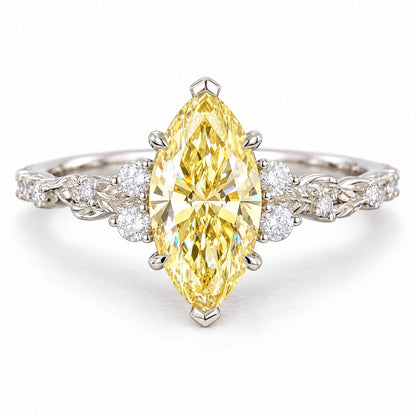 Yellow Marquise Cut Lab Grown Diamond Engagement Ring - Cluster Vine Band in white gold, front view