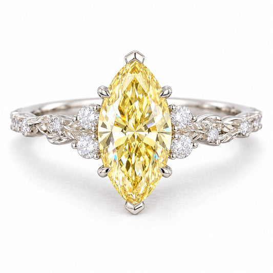 Yellow Marquise Cut Lab Grown Diamond Engagement Ring - Cluster Vine Band in white gold, front view