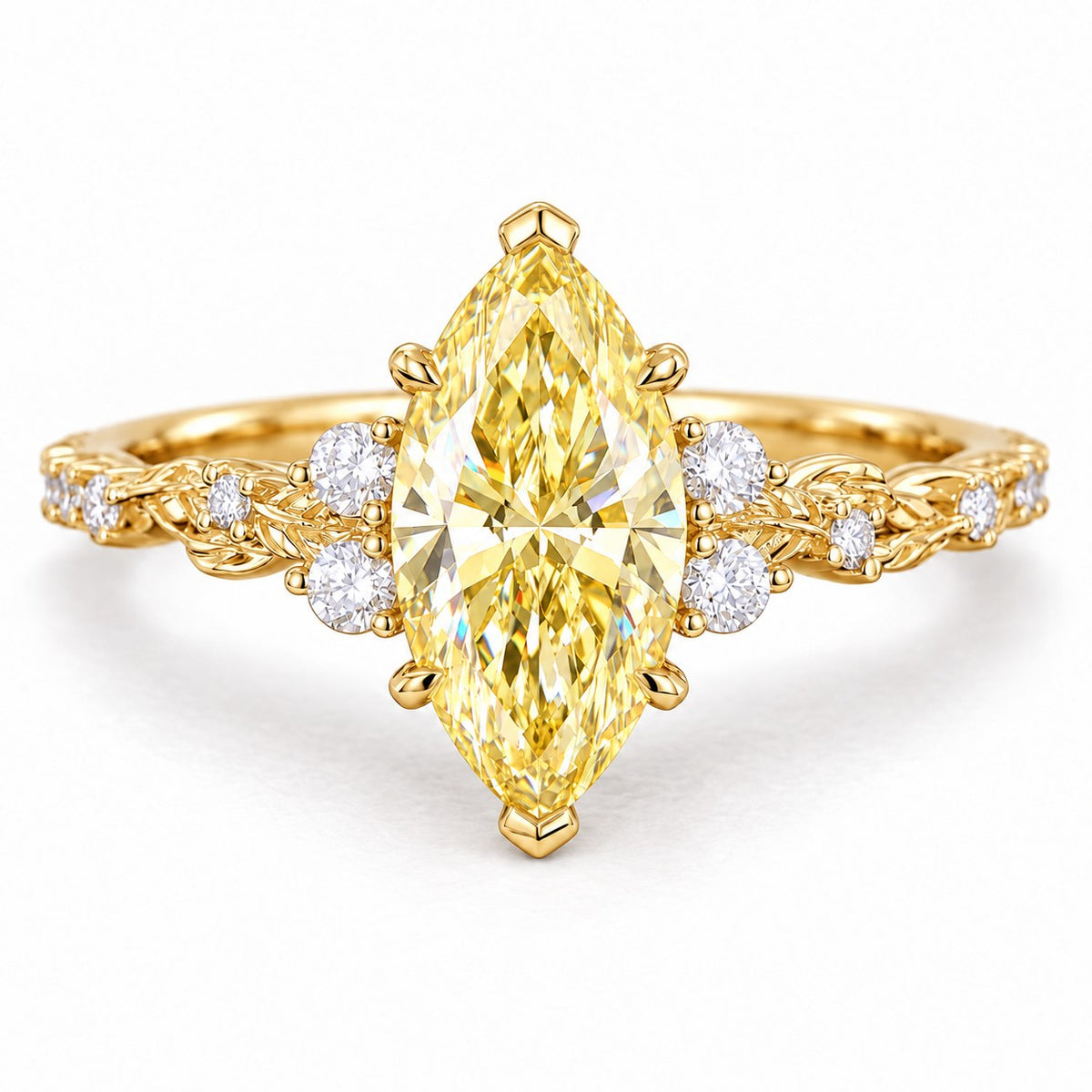 Yellow Marquise Cut Lab Grown Diamond Engagement Ring - Cluster Vine Band in yellow gold, front view