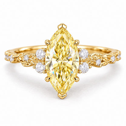 Yellow Marquise Cut Lab Grown Diamond Engagement Ring - Cluster Vine Band in yellow gold, front view