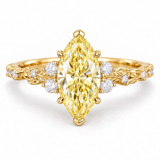 Yellow Marquise Cut Lab Grown Diamond Engagement Ring - Cluster Vine Band in yellow gold, front view
